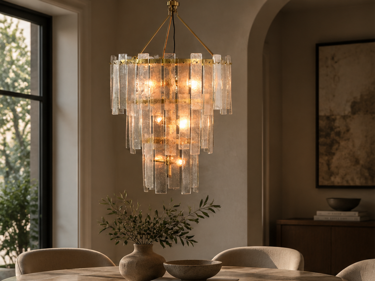 Tiered chandelier with textured glass and warm lighting in a modern dining room